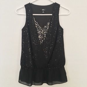 BCX Black Sequin Chiffon Drape Sleeveless Top